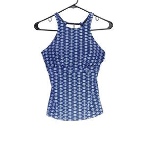 Athleta Tangier High Neck Tankini Top 32D /DD Blue Open Back Underwire Swimwear